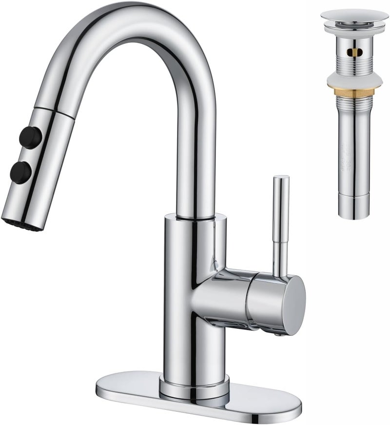Kablle Bathroom Sink Faucet with Pull Down Sprayer, Chrome Single Handle Pull Out Faucet with Pop-Up Drain, 1 or 3 Hole Laundry Bar Basin Faucet with Deck Plate, KBL-7002C-CL - Image 1